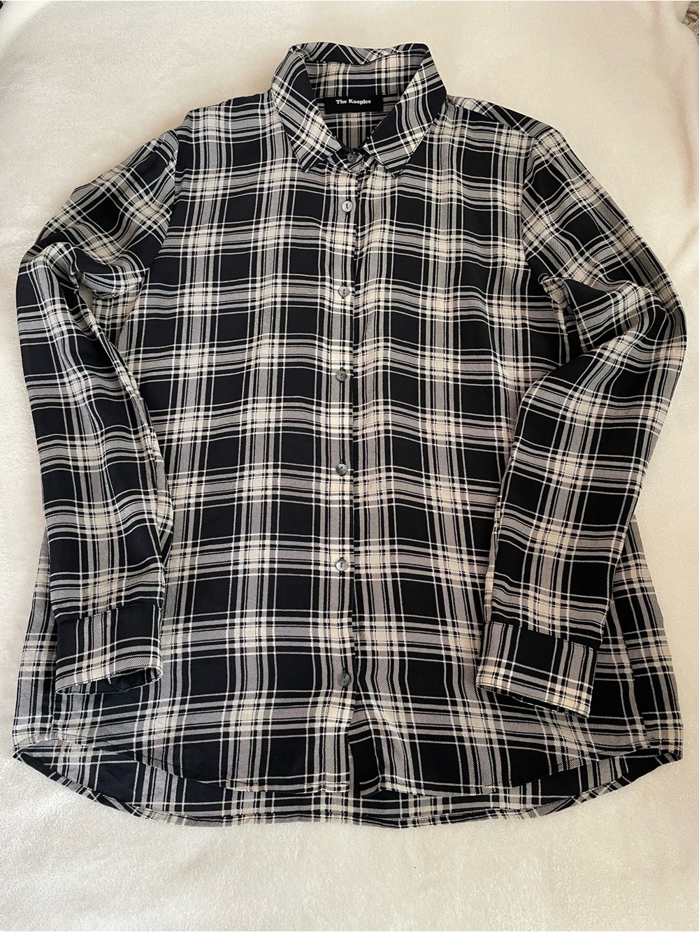 The Kooples 100% Silk Black Cream Semi Sheer Plaid Button Down Blouse Top